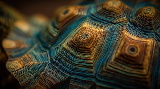 Intricate close up of turtle shell texture with blue and brown patterns