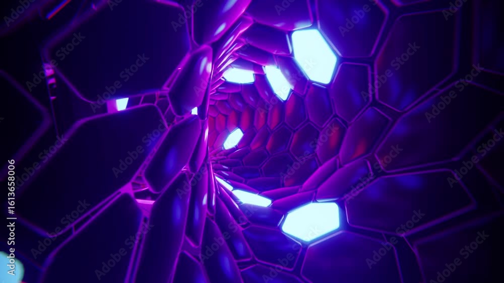 Poster abstract futuristic tunnel with glowing hexagonal patterns in vibrant purple and blue light, creatin