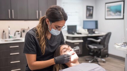 Dental hygienist attending patient, modern dental office. Dentist wearing gloves, mask, examines teeth, professionalism and care. Teeth clinic, healthcare, hospital ward check up.