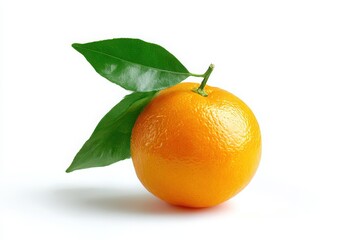 A single ripe orange with green leaves attached to its stem isolated on a clean white background isolated on white background