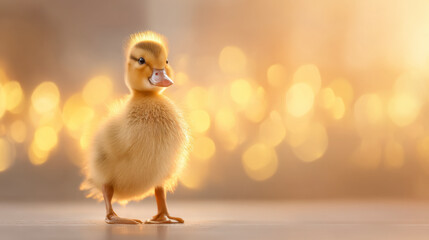 A fluffy yellow duckling stands on a smooth surface with a warm, golden bokeh background, exuding cuteness and innocence.