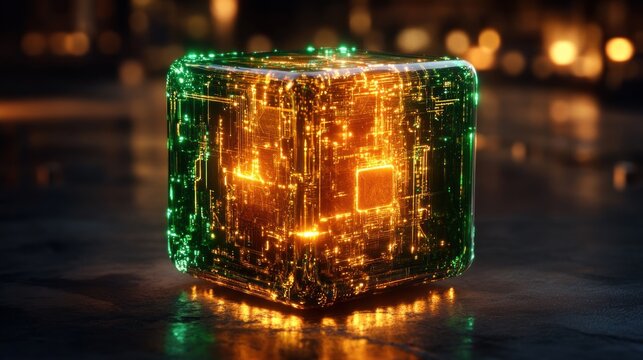 Luminous cube, internal circuitry glowing amber and green.  Dark background