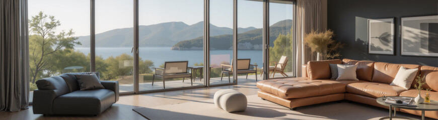 Fototapeta premium interior of modern housing with panoramic windows and view of beautiful landscape, comfort, interior and modern furniture