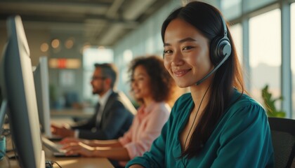 Obraz premium Happy Asian woman using computer in call center office