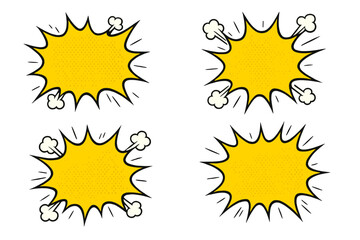 Set of yellow comic speech bubbles. Pop art explosion and burst shapes for text. Cartoon blast effect with halftone texture. Retro graphic element for design and communication.