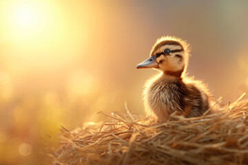 A fluffy duckling sits on straw, bathed in warm golden sunlight, showcasing delicate feathers and a serene expression in a softly blurred natural background.