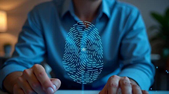 Hands interacting with digital holographic brain interface above tablet in blue-lit futuristic tech space, perfect for AI presentations, innovation ads and science visuals, 4K, motion.