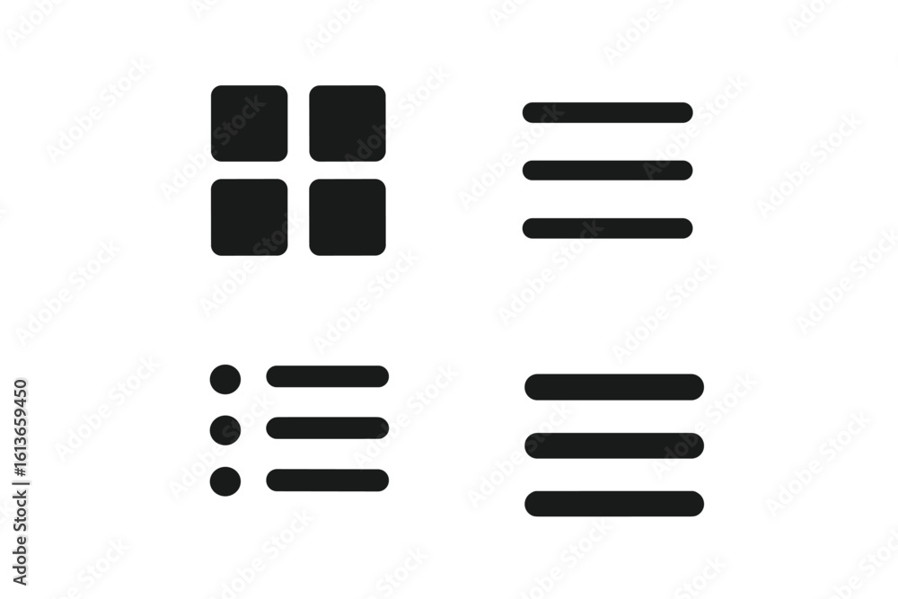 Poster Hamburger menu icon set for UI UX design. Collection of navigation buttons for website and mobile app. Minimalist interface signs. Includes grid, list, and line symbols.