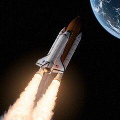 Space shuttle launching into orbit with earth in background