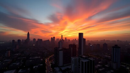 Fototapeta premium Dramatic Sunset Over a Silhouetted City Skyline with Fiery Clouds