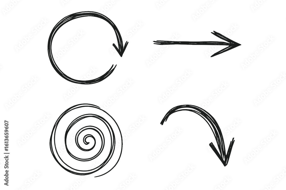 Poster hand drawn arrow icon set. sketchy arrows, circles, swirls vector collection. ideal for web design, 