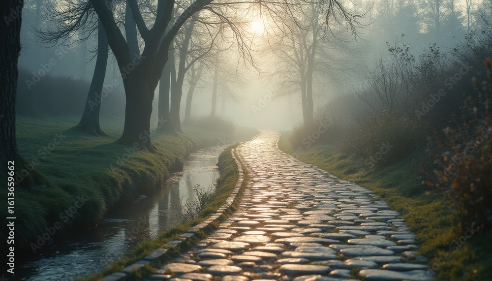 Poster serene cobblestone path through foggy park with trees and stream