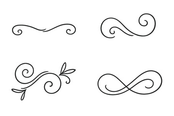 Hand drawn doodle swirl flourish set. Collection of calligraphic line art dividers and borders. Decorative sketch ornaments for design, elegant floral and infinity shapes.