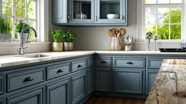 Beautiful kitchen interior showcasing rustic wooden countertop and modern cabinets with natural light streaming in from windows