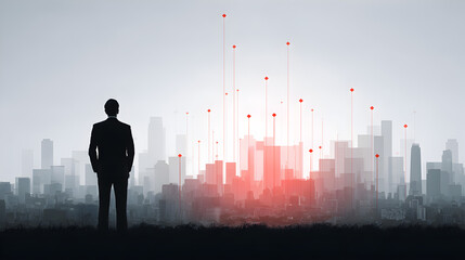 A businessman standing before a cityscape with red data points reaching into the sky above buildings