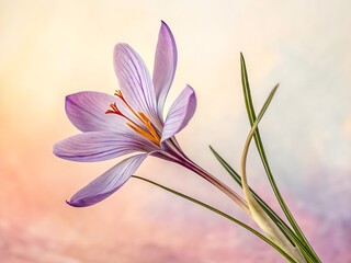 Fototapeta premium Single purple saffron crocus flower with delicate petals