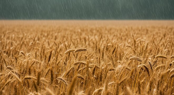 Golden wheat field in rain