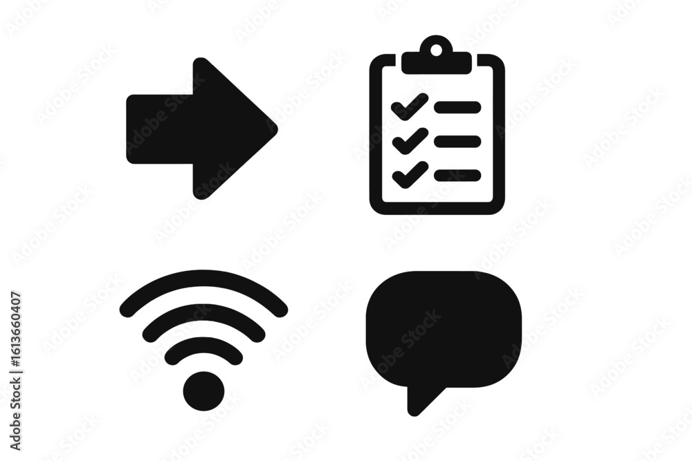 Poster set of 4 essential glyph icons for web and mobile app development. features next arrow, task checkli