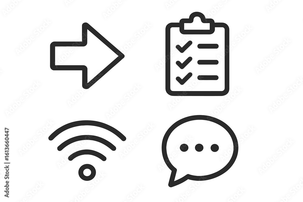 Poster minimalist line icon set for ui ux design. vector collection includes next arrow, task checklist, wi