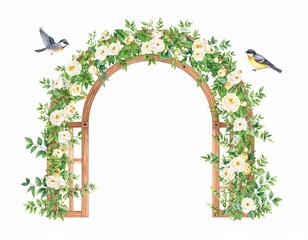 Wedding beautiful arch with flowers Ranunculus, leaves, branches and birds.