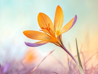 Orange Crocus Flower with Purple Edges on Pastel Background