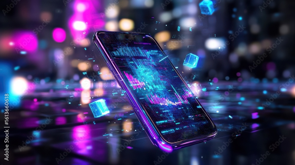 Poster smartphone displaying dynamic data charts in vibrant city lights