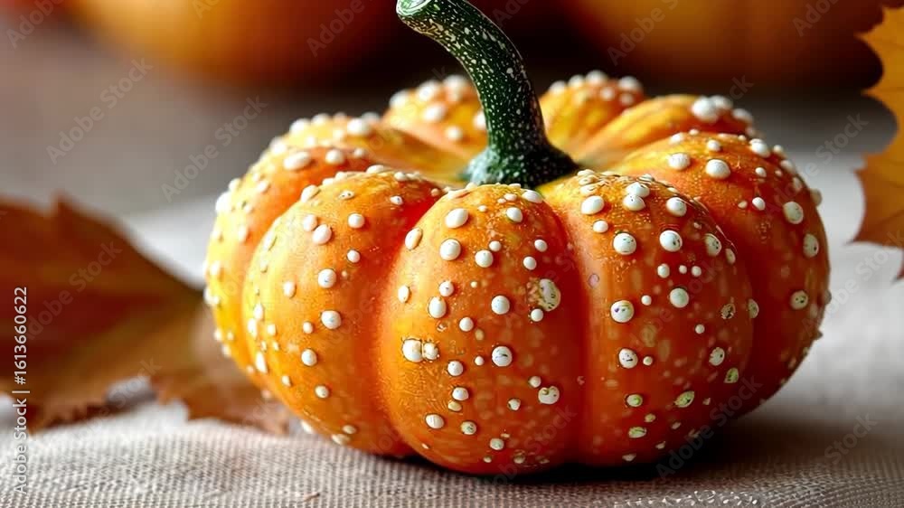 Poster unique orange pumpkin with bumpy texture surrounded by autumn leaves on a rustic table in daylight