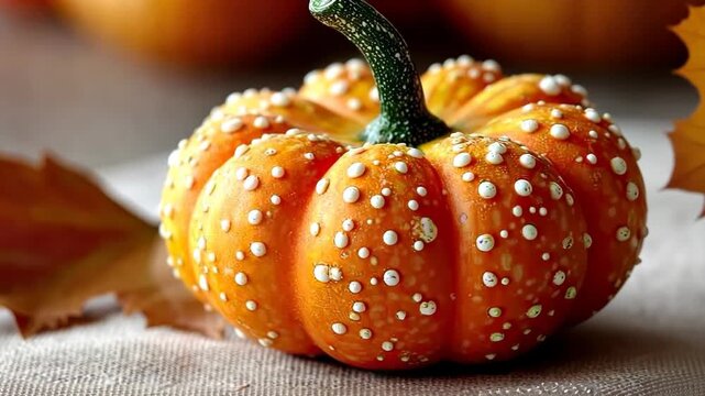 Unique orange pumpkin with bumpy texture surrounded by autumn leaves on a rustic table in daylight
