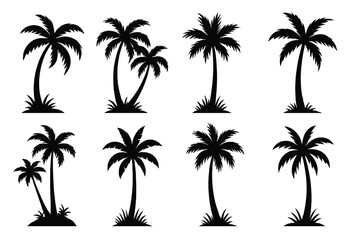 Palm tree silhouette vector icon set. Tropical island coconut trees collection for summer vacation, beach travel, and exotic nature landscape designs. Simple black logo element.
