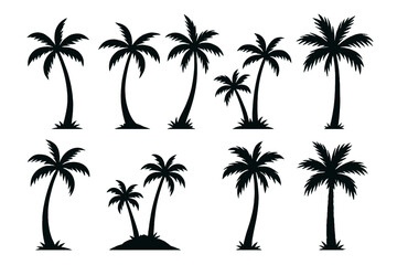 Palm tree silhouette vector set. Tropical coconut trees icon collection. Black isolated graphic elements for summer vacation, beach travel, exotic island, and nature design.