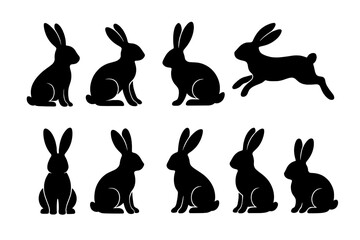 Rabbit silhouettes vector set. Collection of black rabbit and bunny icons in various poses. Leaping hare graphic element for logo design, Easter or wildlife themes.