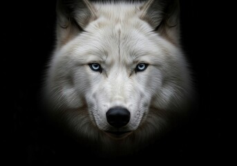 Obraz premium Piercing Blue Eyes of a White Wolf Emerging from Shadowy Darkness