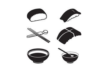 Hand drawn sushi set with chopsticks and soy sauce bowls