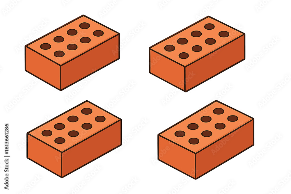 Poster set of four red construction bricks isolated. isometric vector illustration of clay building blocks 