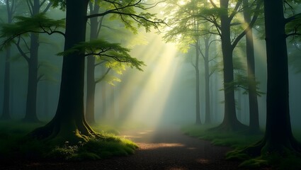 Fototapeta premium Sunlight filtering through ancient forest trees illuminating a winding path