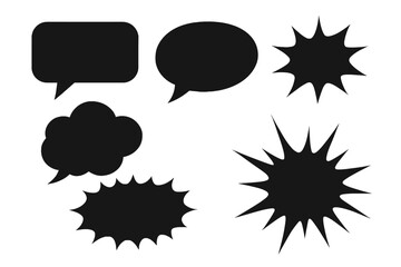 Vector set of black comic speech bubbles and text box silhouettes. Pop art explosion, burst, and pow shapes for graphic design. Message, dialog, and chat icons.