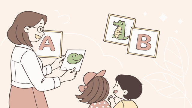 Young woman with mobile phone cartoon illustration with children and family in a school room - Powered by Adobe