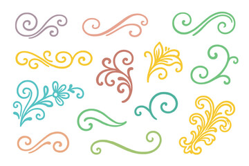 Set of colorful hand-drawn swirl ornaments. Elegant vector decorative flourishes, vintage doodle scrolls, and floral embellishments. Calligraphic curls and lines for design.