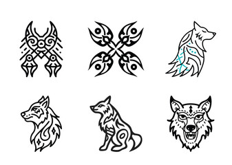 Fototapeta premium Collection of Six Decorative Wolves and Geometric Line Art Designs