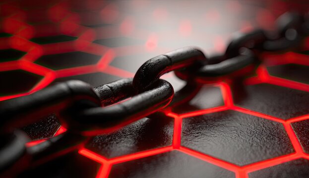 A close-up view of a metallic chain on a glowing hexagonal grid