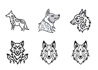 Set of Six Stylized Wolf Illustrations in Black and White Graphic Design