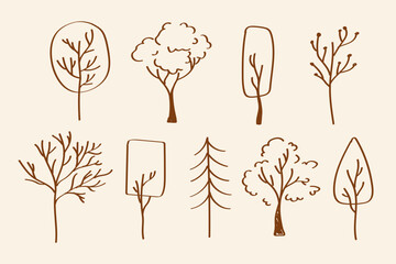 Set of outline bare trees in minimalist style on beige background. Doodle style, suitable for seasonal illustrations, graphics on nature or botanical themes.