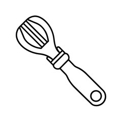 Outline illustration of a hand holding a fruit peeler with a sharp blade