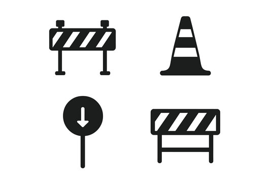 Fototapeta Road work icon set. Traffic barrier, safety cone, and barricade silhouettes. Under construction vector symbols for road safety, warning signs, and urban planning. Traffic control.