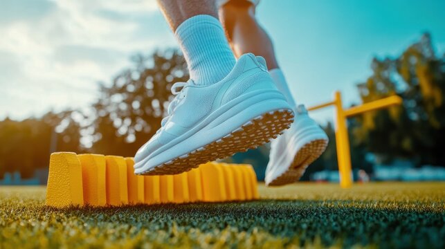 Young Caucasian man jumping over hurdles on sports field