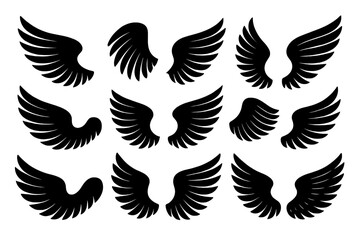 Obraz premium Wing vector collection of black silhouettes. Angel, bird, and eagle wings icon set. Ideal graphic element for logo, tattoo, sticker, decal, and modern heraldry design.