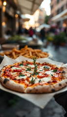 Traditional Roman pizza served outdoors at a restaurant.
