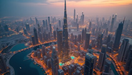 Majestic skyscrapers illuminated by city lights at dusk