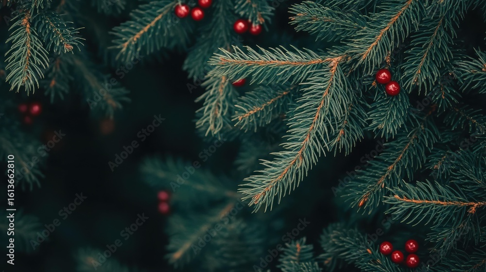Poster evergreen tree with berries in serene forest setting