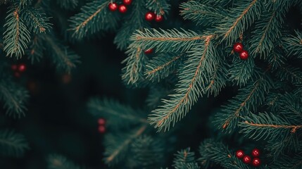 Evergreen tree with berries in serene forest setting